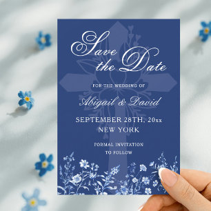 Wilde bloemen op Frans blauwe trouwkaart 'Save The Save The Date