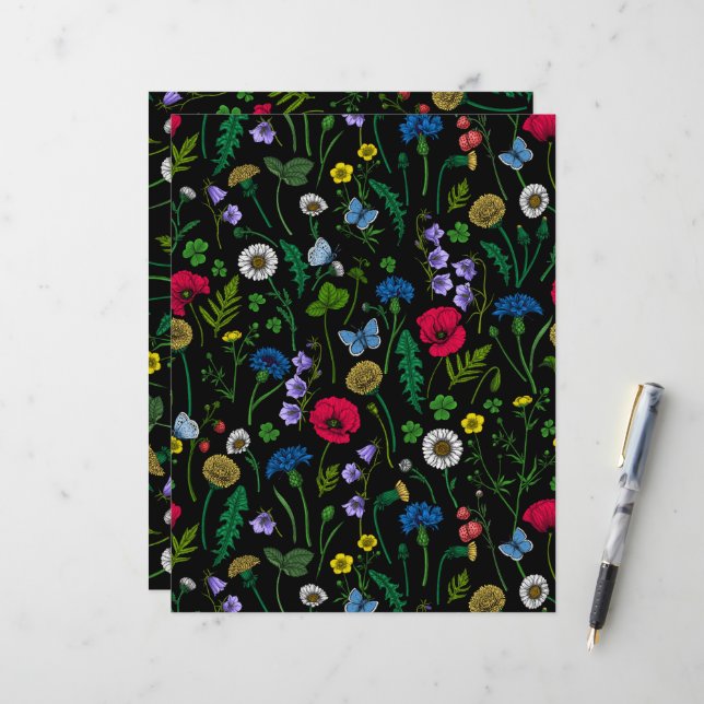 Wilde bloemen op zwart (Voorkant / Achterkant in situ)