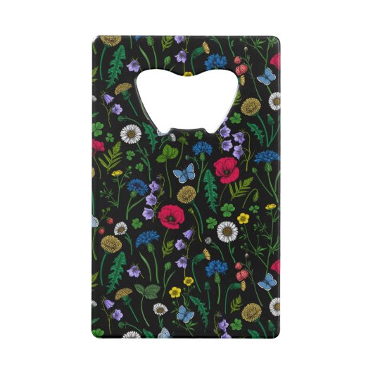 Wilde bloemen op zwart kredietkaart flessenopener (Voorkant)