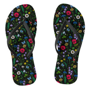 Wilde bloemen op zwart teenslippers