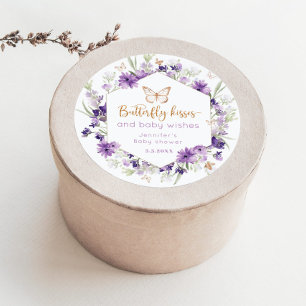 Wilde bloemen paarse Vlinder kusjes baby shower Ronde Sticker