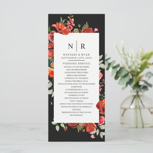 Wilde bloemen papaver donkere monogram bruiloft programma (Staand voorkant)