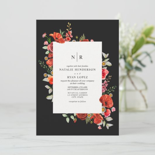 Wilde bloemen Rode papaver Dark Weddenschap Kaart (Staand voorkant)