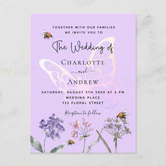 Wilde bloemen schenden een roze vlinderbruiloft uitnodiging briefkaart (Voorkant)