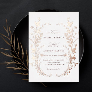 Wilde Bloemen Silhouet Krans Trouwring Roze Goud Folie Uitnodiging