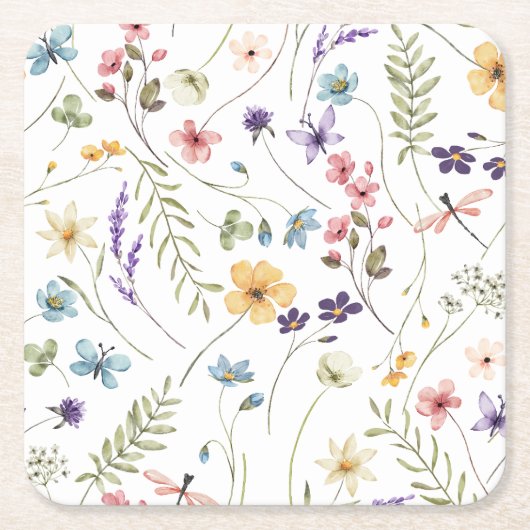Wilde bloemen vierkante kartonnen onderzetter (Voorkant)