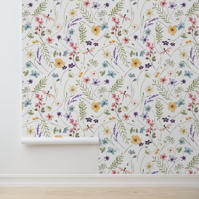 Wilde bloemen, vlinders en libellen patroon behang (Applicatie)