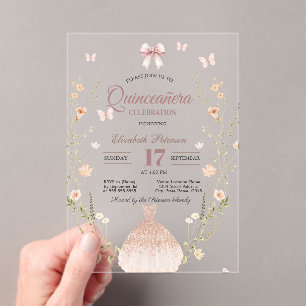 Wilde Bloemen Vlinders Jurk Strik Quinceanera Acryl Uitnodigingen