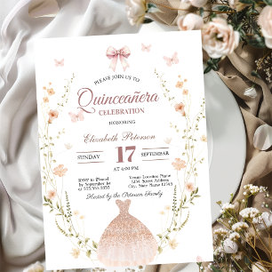 Wilde bloemen Vlinders Jurk Strik Quinceanera Kaart