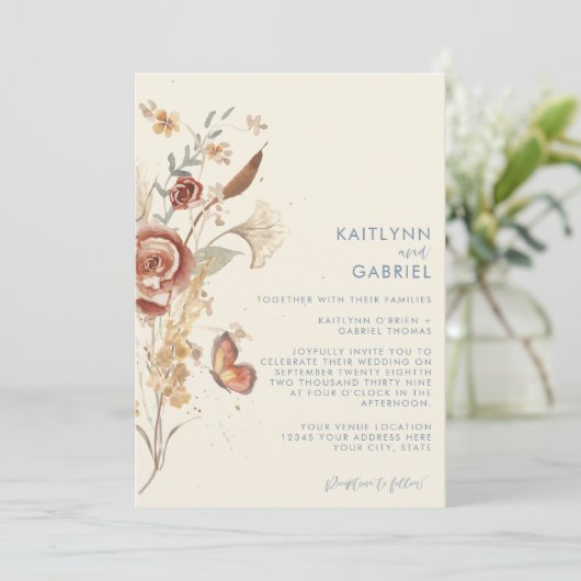 Wilde bloemen Vruchtbloemen Stusty Blue Waterverf Kaart (Staand voorkant)