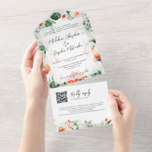 Wilde bloemen waterverf botanische QR-code All In One Uitnodiging (Afscheurbaar)