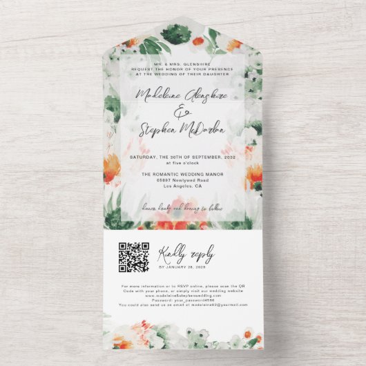 Wilde bloemen waterverf botanische QR-code All In One Uitnodiging (Binnen)