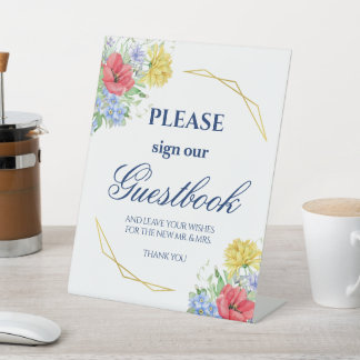 Wilde bloemen Waterverf Bouquet Guestbook Sign Reclamebord Met Voetstuk
