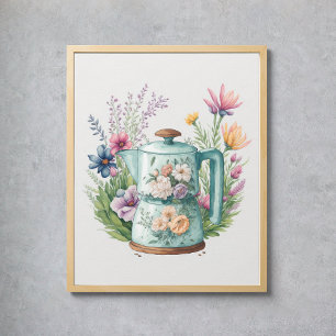 Wilde bloemen Waterverf Kleurrijke koffie Kettle Poster