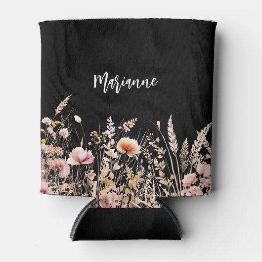 Wilde bloemen zwarte aangepaste naam script blikjeskoeler (Voorkant)