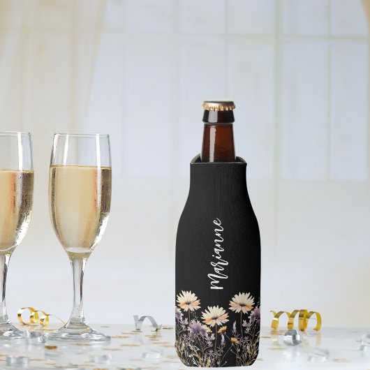 Wilde bloemen zwarte aangepaste naam script flesjeskoeler