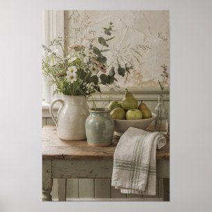 Wilde bloemenkan met peren en linnen poster
