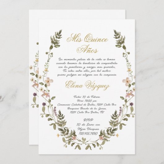Wilde bloemenkrans Quinceañera uitnodiging (Voorkant / Achterkant)