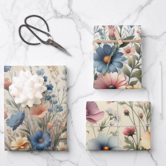 Wilde bloemenweide Beige Achtergrond Inpakpapier Vel (Voorkant)