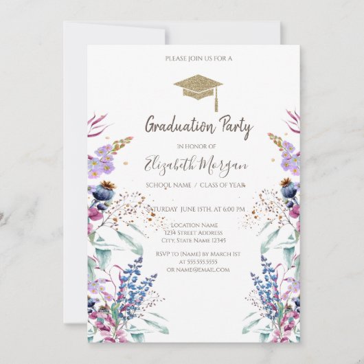 Wilde Bloemenweide Glitter Afstudeerhoed Kaart (Voorkant)