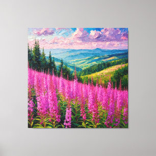 Wilde bloemenweide met berglandschap canvas afdruk