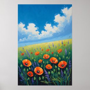 Wilde Bloemenweide met Blauwe Lucht en Klaprozen K Poster