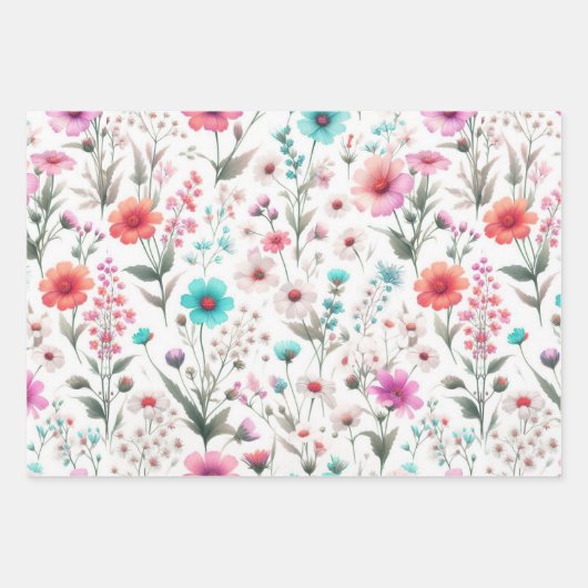 Wilde bloemenweide wit, groen, blauw, bruin, turko inpakpapier vel (Voorkant)