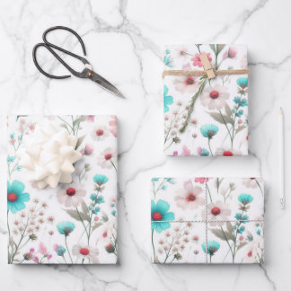 Wilde bloemenweide wit, groen, blauw, bruin, turko inpakpapier vel