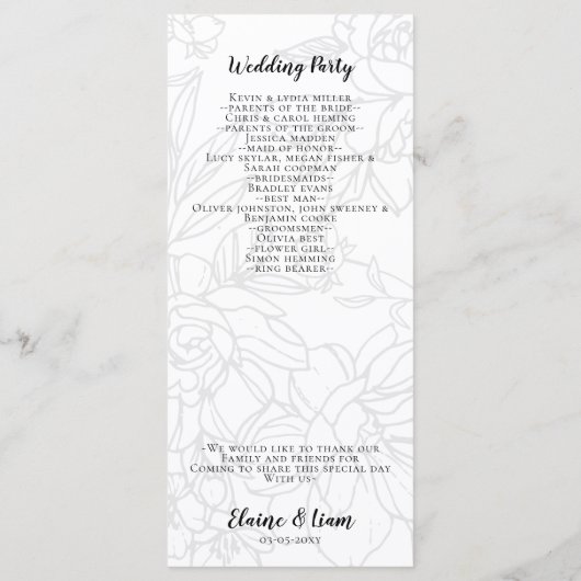 Wilde bloesems Black en White Calligraphy Wedding Programma (Achterkant)