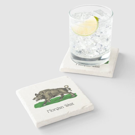  Wilde Boar Tekening BW #3C Stenen Onderzetter (Zijkant)