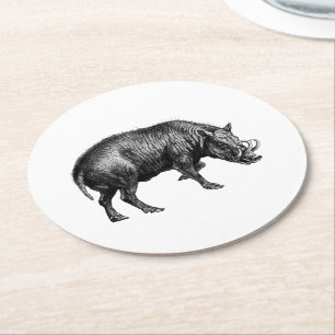 Wilde Boar Tekening BW Ronde Kartonnen Onderzetter