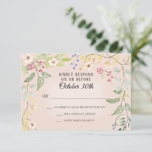 Wilde Bohemian Blush Pink Peach Waterverf RSVP Kaart (Staand voorkant)