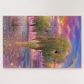 Wilde bomen bij Roze zonsondergang door de vijver Legpuzzel (Horizontaal)