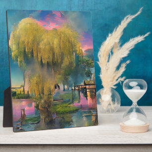 Wilde boom op zonsondergang door de vijver fotoplaat