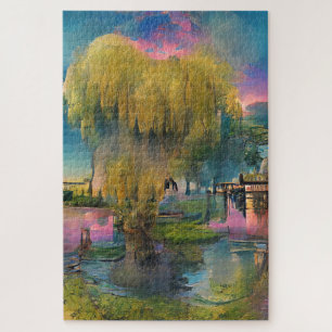 Wilde boom op zonsondergang door de vijver legpuzzel
