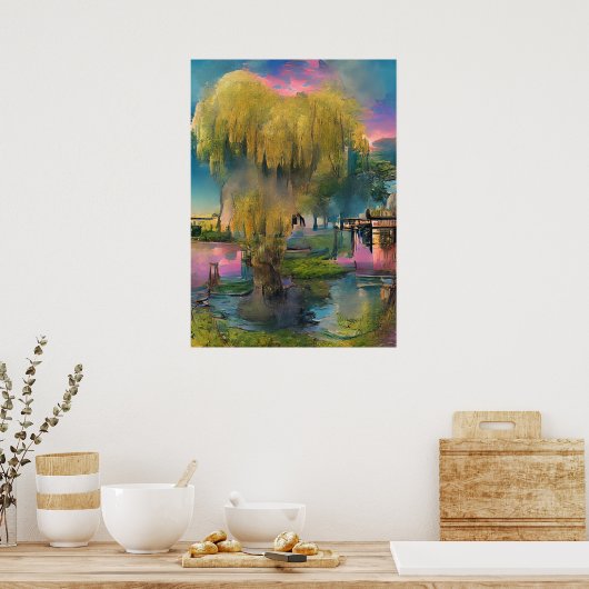 Wilde boom op zonsondergang door de vijver poster (Keuken)