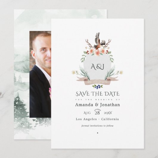 Wilde bos laurier kam wedding foto save the date (Voorkant / Achterkant)