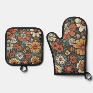 Wilde Cartoon Bloemen Ovenwant & Pannenlap Set