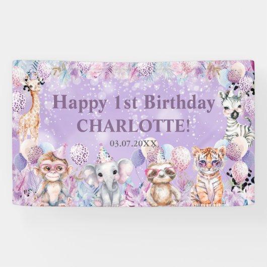 Wilde Dier Jungle Safari 1e Verjaardag Welkom Spandoek (Horizontaal)