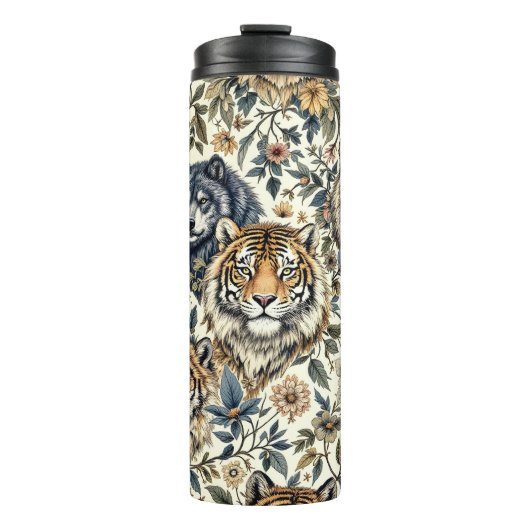  wilde dieren en bloemmotief op wit thermosbeker (Voorkant)