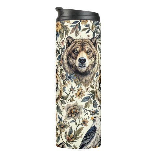 wilde dieren en bloemmotief op wit thermosbeker (Geroteerd rechts)