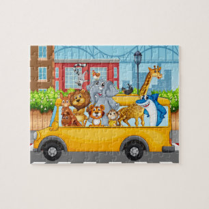 Wilde dieren in schoolbus legpuzzel