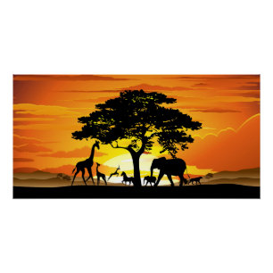 Wilde dieren op Afrikaanse savanne zonsondergang Perfect Poster