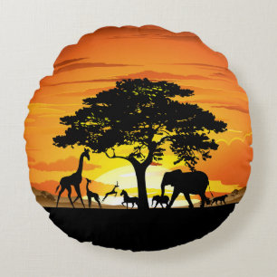 Wilde dieren op de Afrikaanse Savanna Sunset Rond Kussen