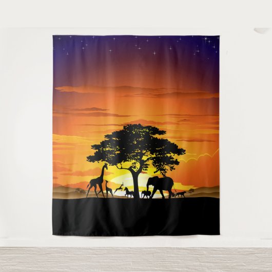 Wilde dieren op de Afrikaanse Savanna Sunset Wandkleed (Voorkant)