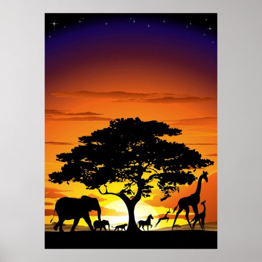 Wilde dieren op het Savannah Sunset-Poster Poster (Voorkant)