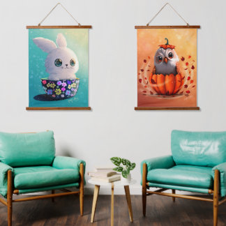 wilde dieren schattig bosdieren : Uil, & Konijn Hangend Wandkleed
