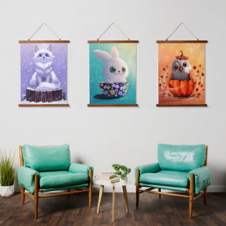 Wilde dieren schattig bosdieren : Vos, Uil, & Koni Hangend Wandkleed