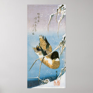 Wilde Duck Zwemend Snow Laden Reeds door Hiroshige Poster