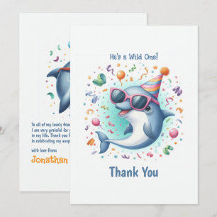 Wilde Eén 1e Verjaardag Dolfijn Thema Bedankkaart